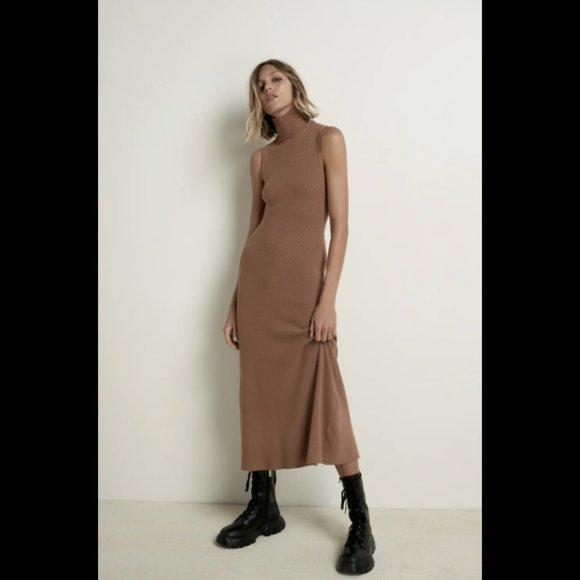 ZARA NEW WOMAN DUSTY PINK CAMEL LONG KNIT CARDIGAN + MIDI DRESS 0014/124 S M - Picture 2 of 9